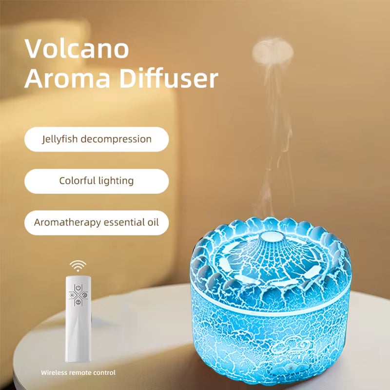 Volcano Aroma Diffuser Ultrasonic Air Humidifier Timer Auto Shut-Off Remote Control Flame Diffusers for Home Bedroom White